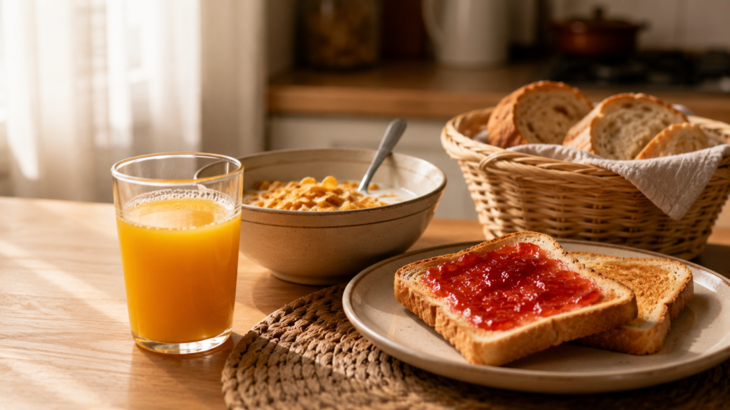 desayuno saludable falso zumo naranja cereales tostadas mermelada glucosa azúcar