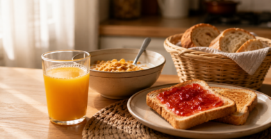 desayuno saludable falso zumo naranja cereales tostadas mermelada glucosa azúcar