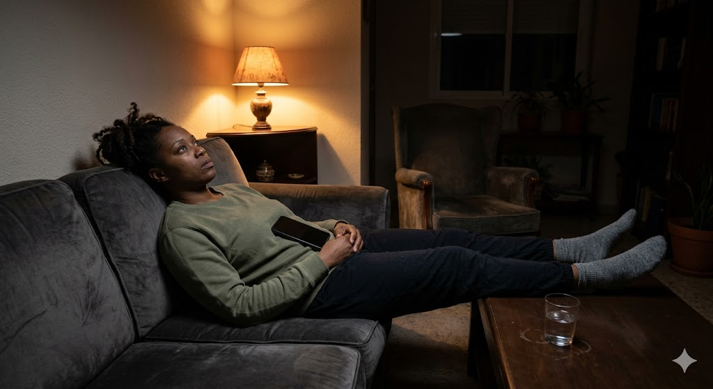 mujer exhausta en el sofá por estrés crónico
