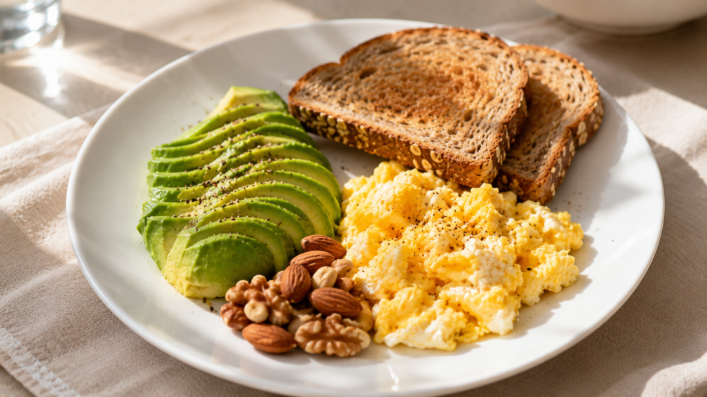 desayuno saludable proteína huevos aguacate yogur griego frutos secos alternativa