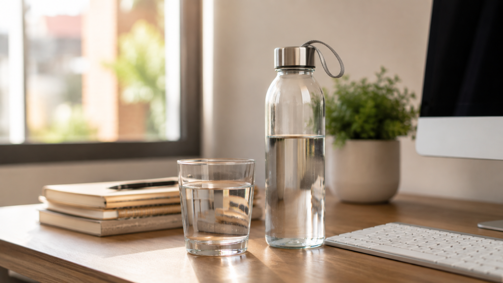 hidratación hábitos botella agua escritorio vaso levantarse frutas verduras

