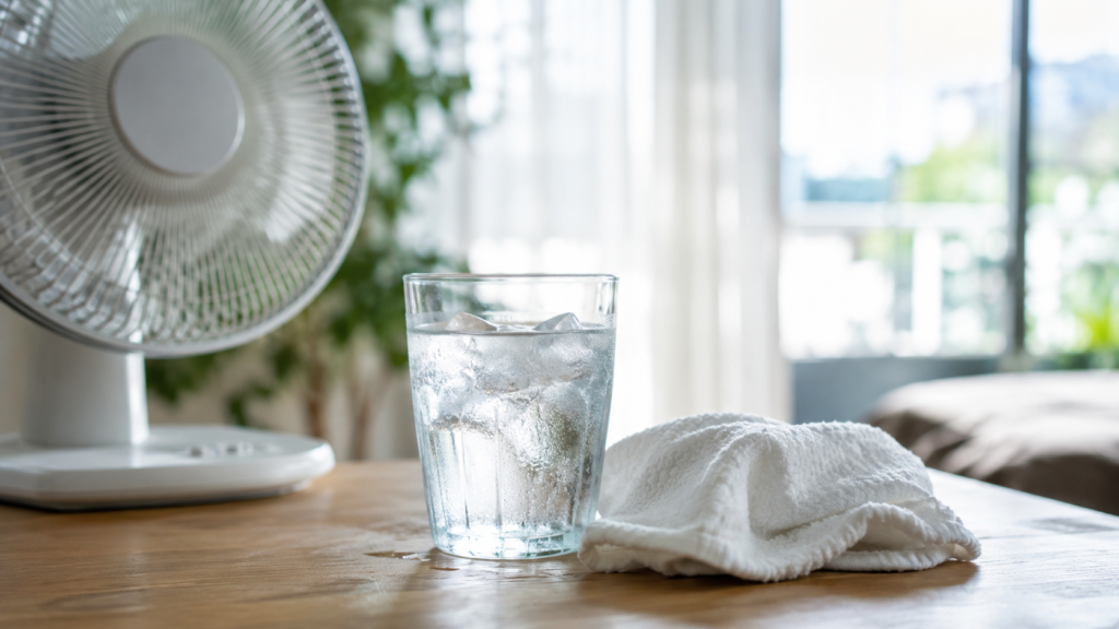 Vaso de agua fría, paño húmedo y ventilador para enfriar el cuerpo durante un golpe de calor